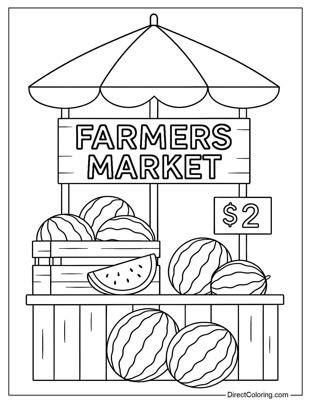 Coloring page of a farmer's market stall selling watermelons, complete with umbrellas and price tags